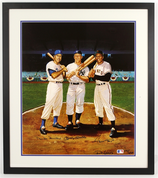 1986 Mickey Mantle Willie Mays Duke Snider Signed 27" x 31" Framed Ron Lewis Lithograph (JSA) 176/500