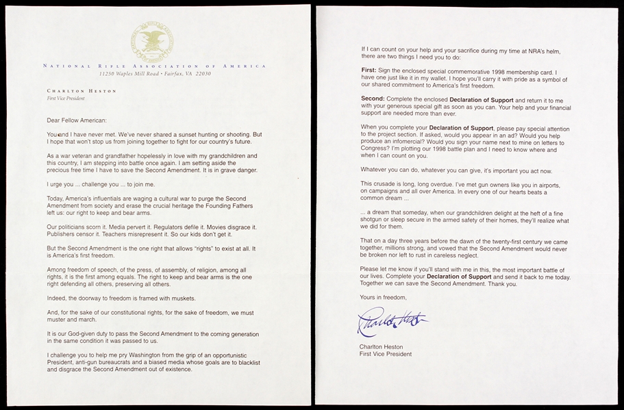 1998 Charlton Heston National Rifle Association of America Letter