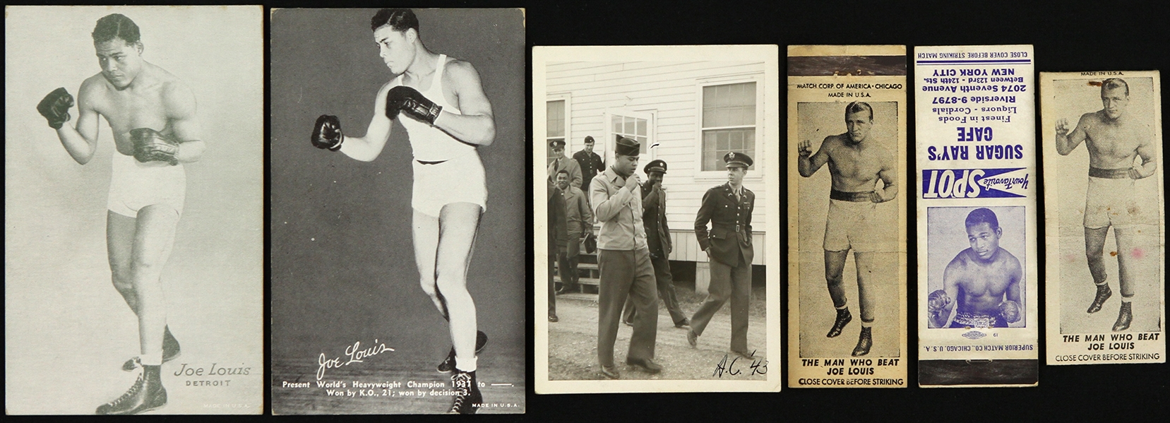 1930s-1950s Joe Louis 3"x 5" Cards, Photo, and Match Books (Lot of 6)