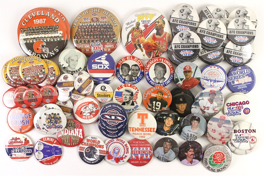 1980s-1990s Baseball, Basketball, Football 2 1/4" - 6" Pinback Buttons (Lot of 45+)