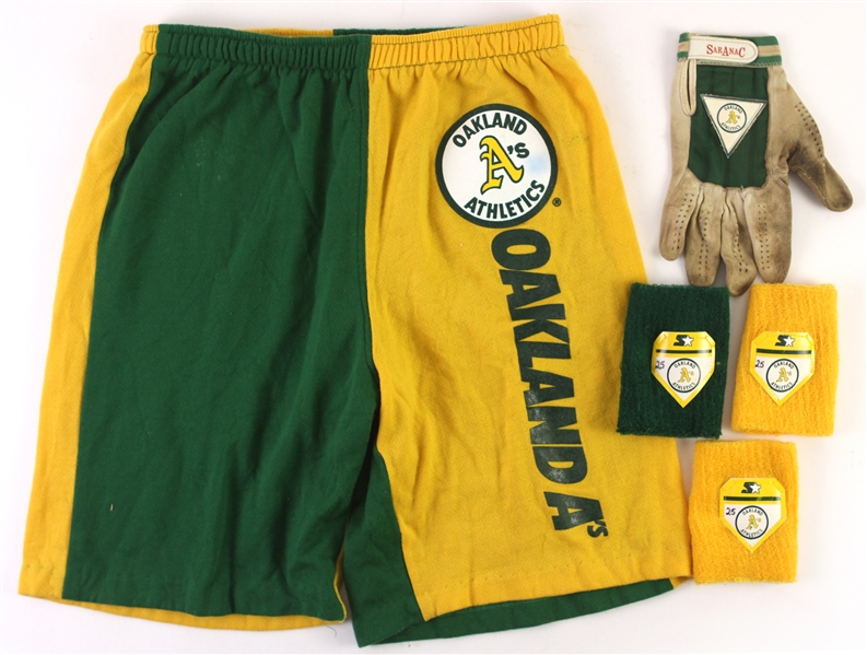 1980s Oakland Athletics Shorts, Batting Glove, Wristbands (Lot of 5)