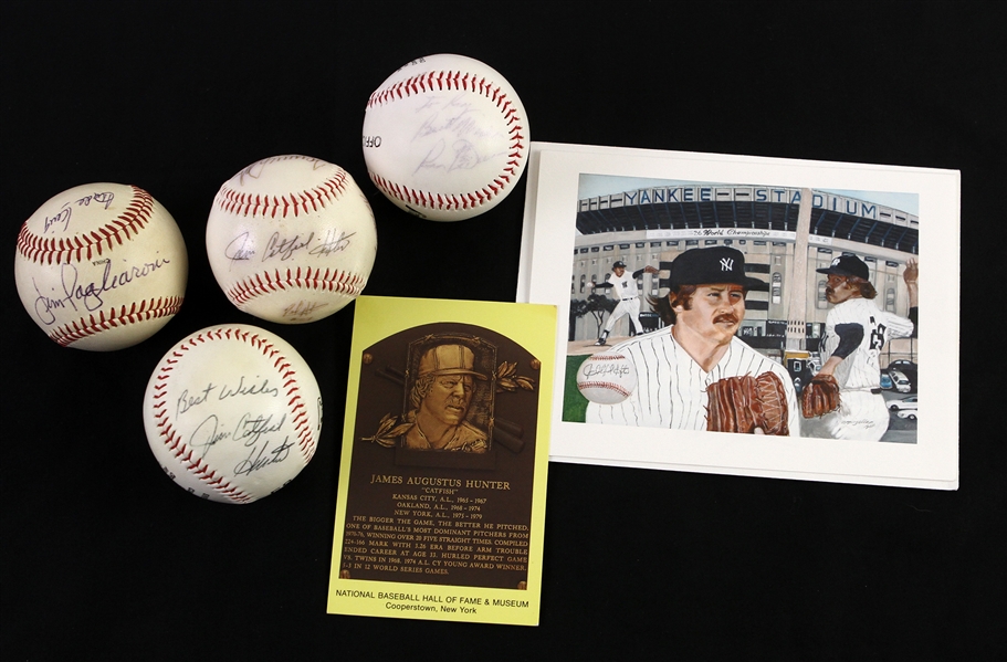 1990s-2000s Jim Catfish Hunter Memorabilia Collection - Lot of 6 w/ Signed Baseballs, HOF Postcard & Artist Signed LithoCard (JSA)