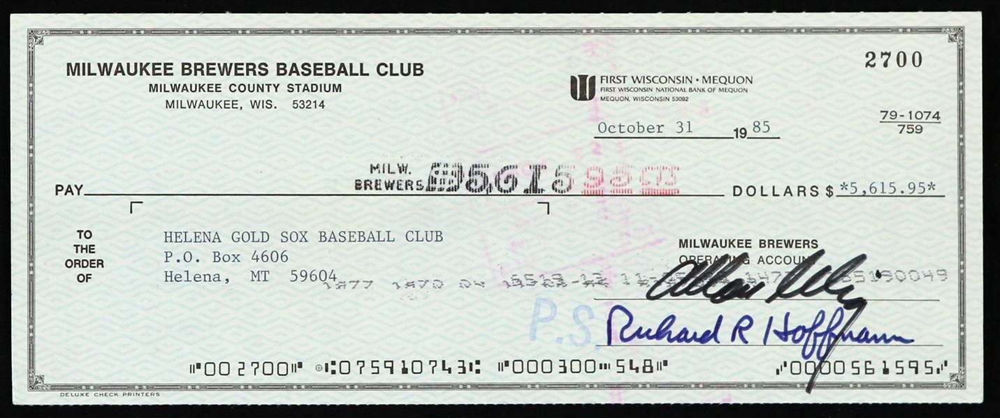 1985 Bud Selig Milwaukee Brewers Signed Check (JSA)