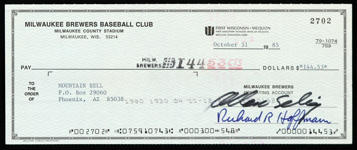 1985 Bud Selig Milwaukee Brewers Signed Check (JSA)