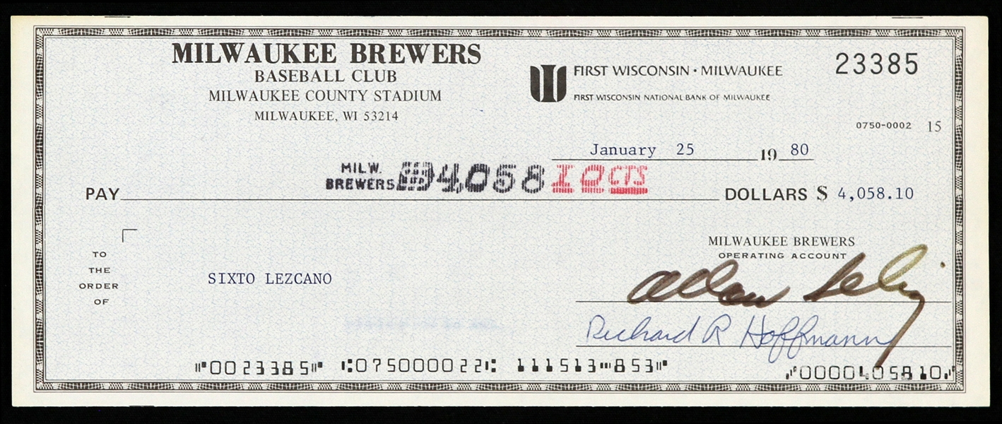 1980 Bud Selig / Sixto Lezcano Milwaukee Brewers Signed Check (JSA)