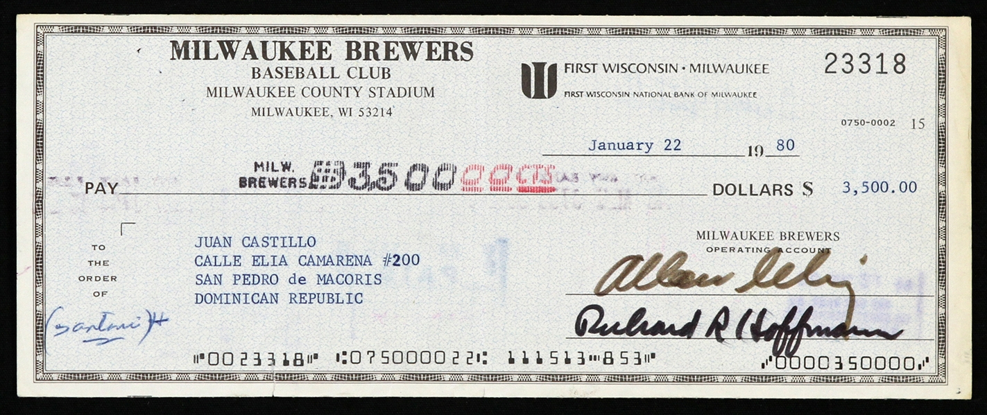 1980 Bud Selig / Juan Castillo Milwaukee Brewers Signed Check (JSA)