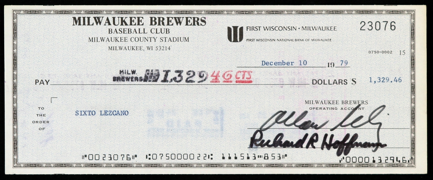 1979 Bud Selig / Sixto Lezcano Milwaukee Brewers Signed Check (JSA)