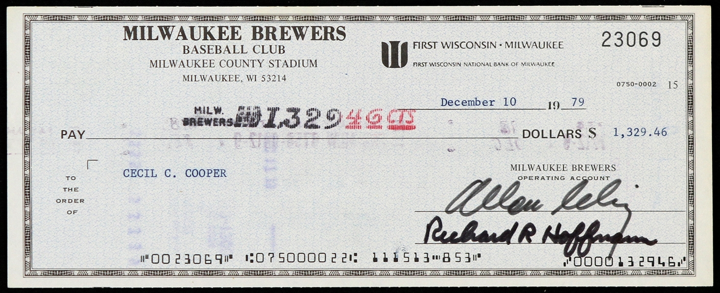1979 Bud Selig / Cecil Cooper Milwaukee Brewers Signed Check (JSA)