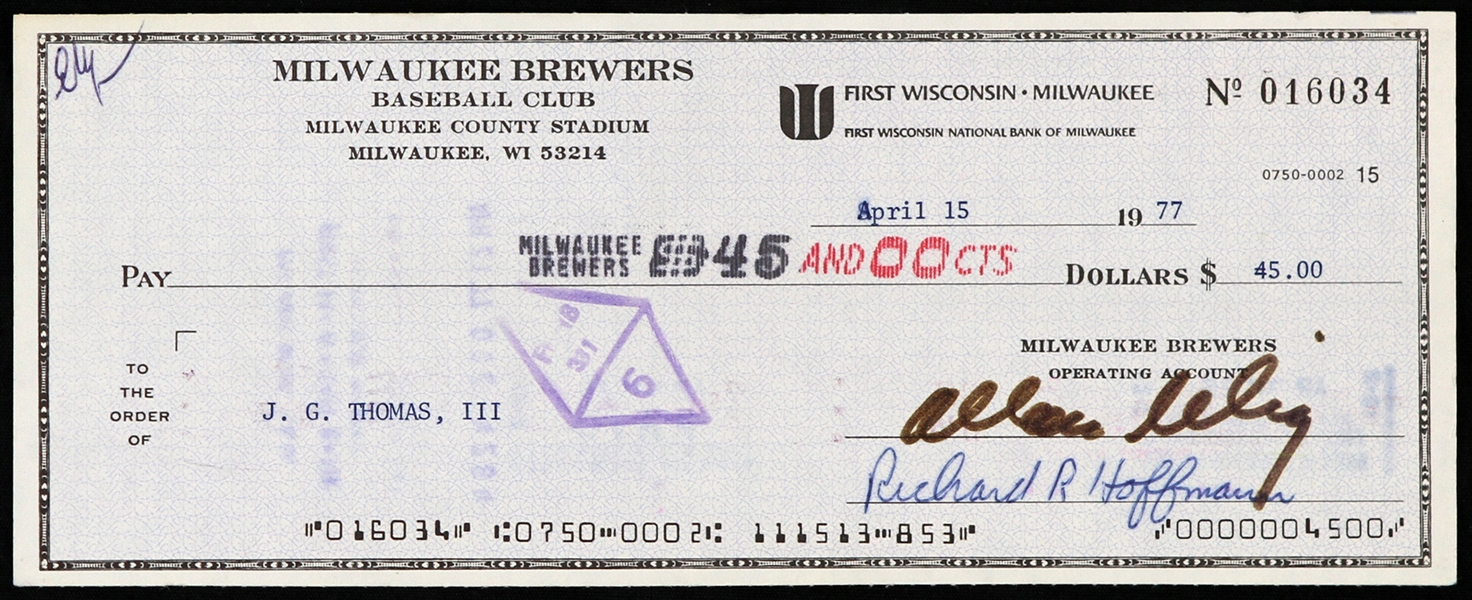 1977 Bud Selig / J.G. Thomas III Milwaukee Brewers Signed Check (MEARS LOA)