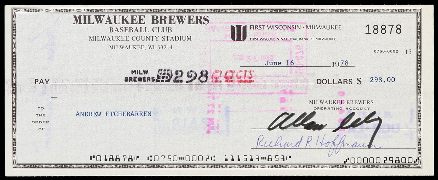 1978 Bud Selig / Andrew Etchebarren Milwaukee Brewers Signed Check (JSA)