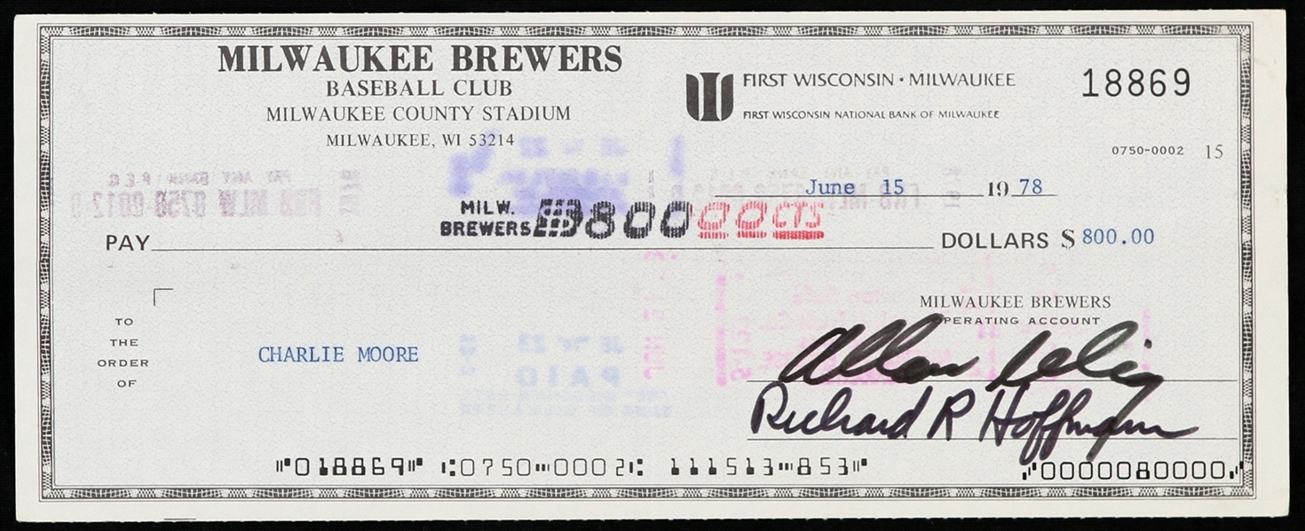 1978 Bud Selig / Charlie Moore Milwaukee Brewers Signed Check (MEARS LOA)