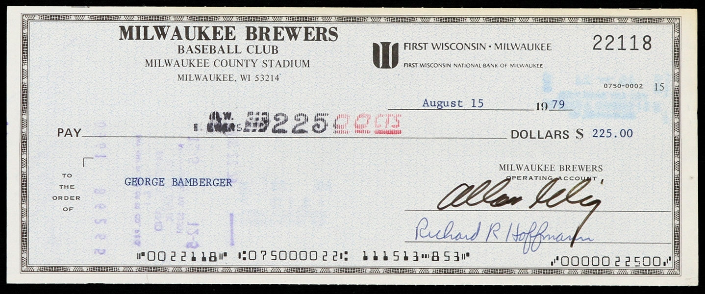 1979 Bud Selig / George Bamberger Milwaukee Brewers Signed Check (JSA)