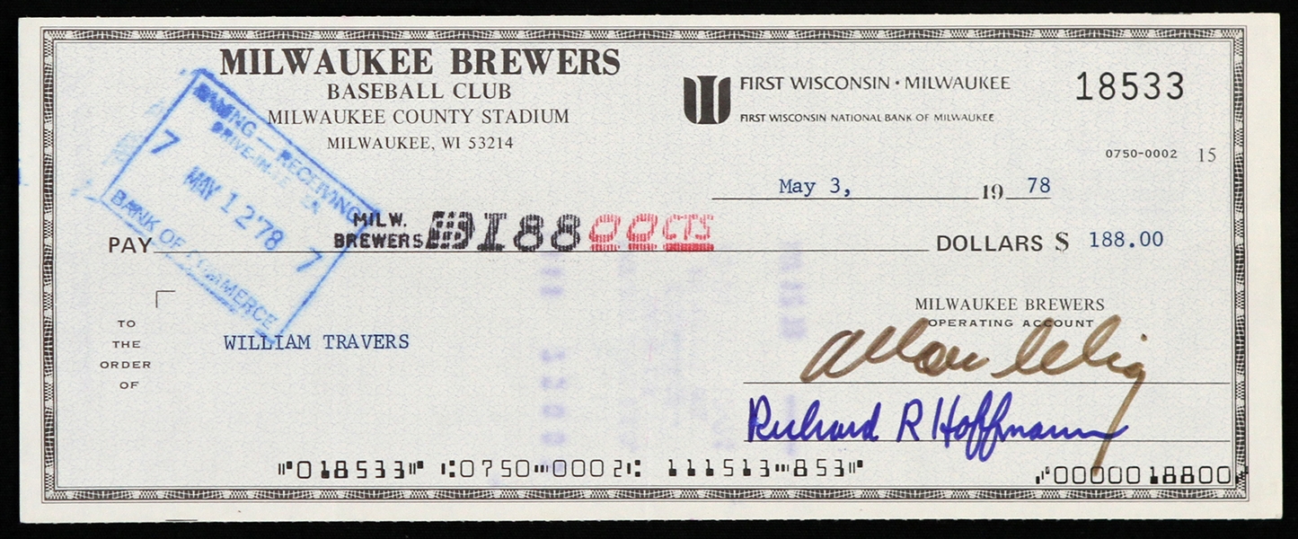 1978 Bud Selig / William Travers Milwaukee Brewers Signed Check (JSA)