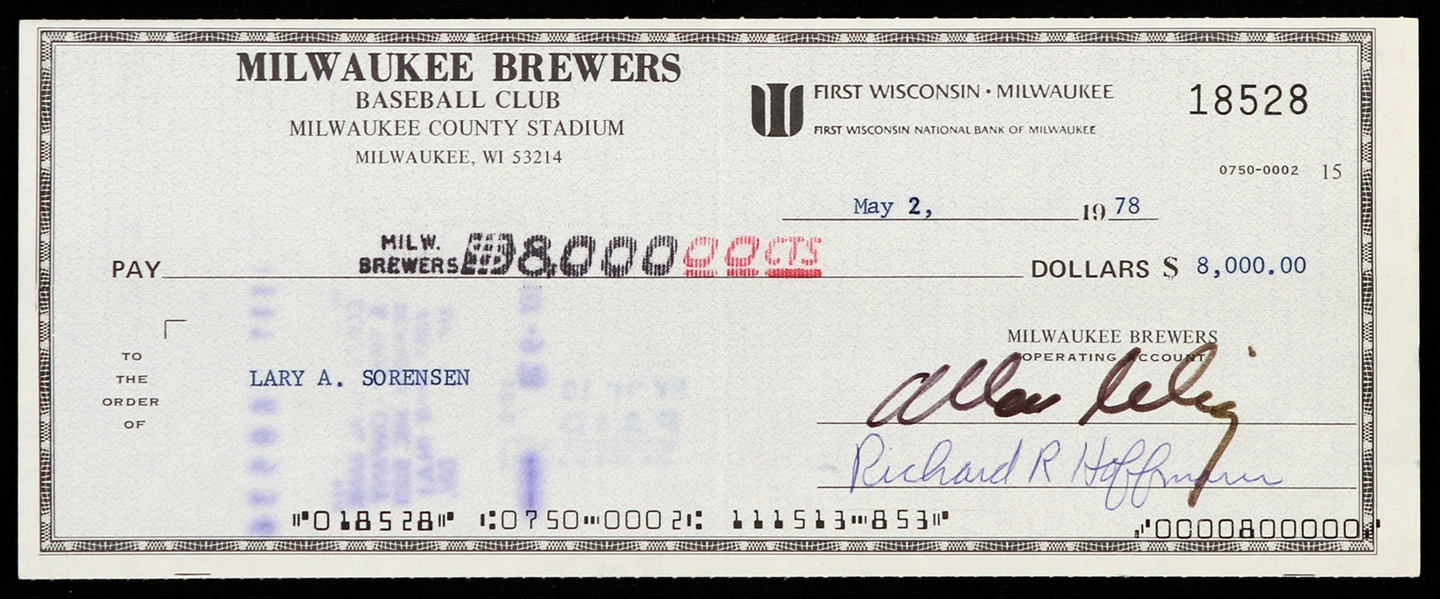 1978 Bud Selig / Lary Sorensen Milwaukee Brewers Signed Check (JSA)