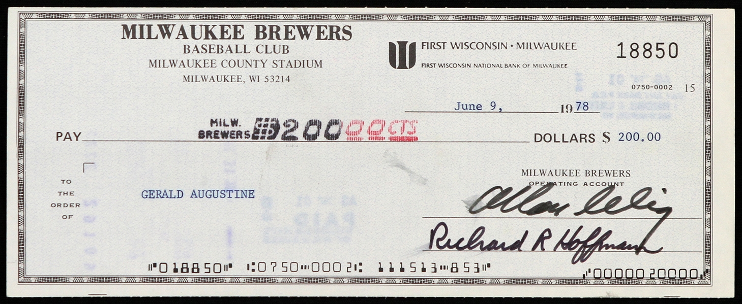 1978 Bud Selig / Gerald Augustine Milwaukee Brewers Signed Check (JSA)
