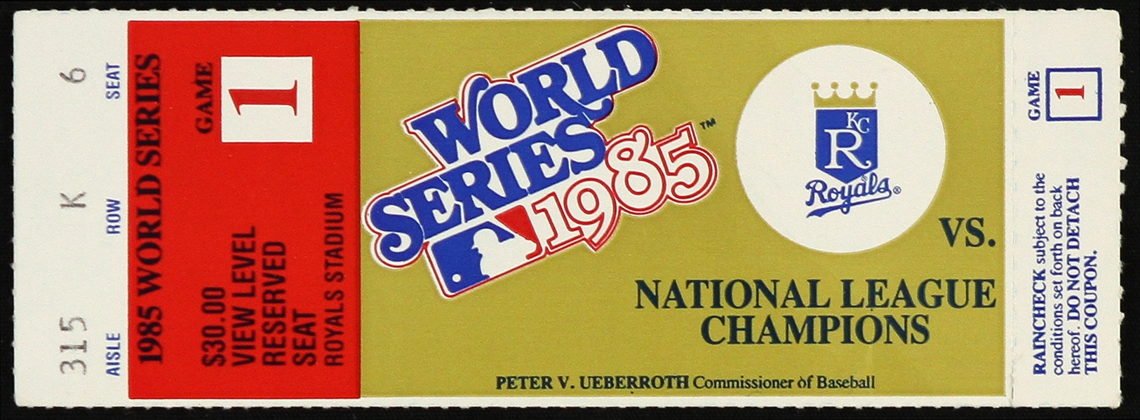 1985 Kansas City Royals vs National League Champions World Series Ticket 