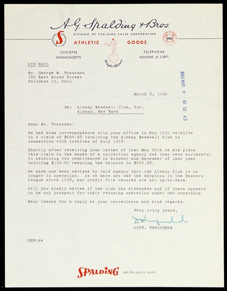 1960 A.G. Spalding & Bros Signed Letter Head