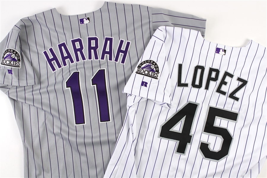 2000-2003 Colorado Rockies Game Worn Jerseys Including Toby Harrah and Javier Lopez (Lot of 2) (MEARS LOA)