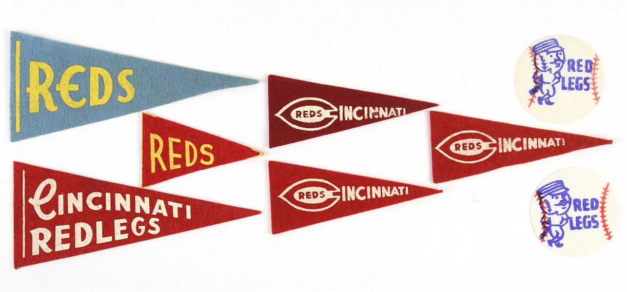 1950s Cincinnati Reds 3" to 6" Mini Pennants and Iron-Ons (Lot of 8)