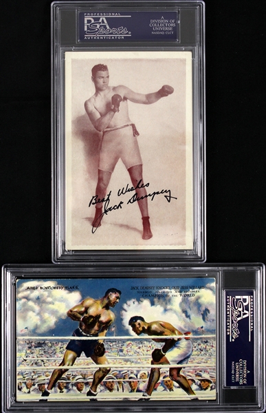 1914-1927 Jack Dempsey Signed 3"x 5" Postcards  - Lot of 2 (PSA/DNA Slabbed)
