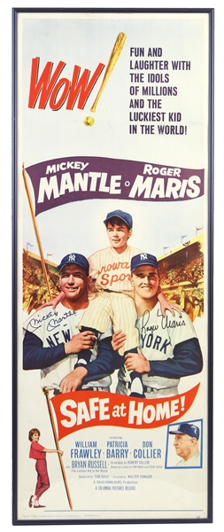 1962 MINT Mickey Mantle / Roger Maris "Safe at Home" Signed 14"x 37" Framed Movie Poster *JSA Full Letter*