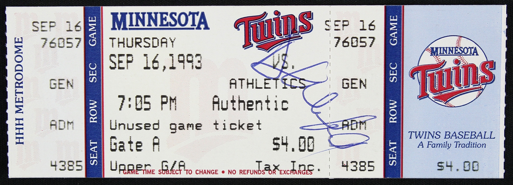 1993 Dave Winfield Minnesota Twins Signed Ticket (JSA)