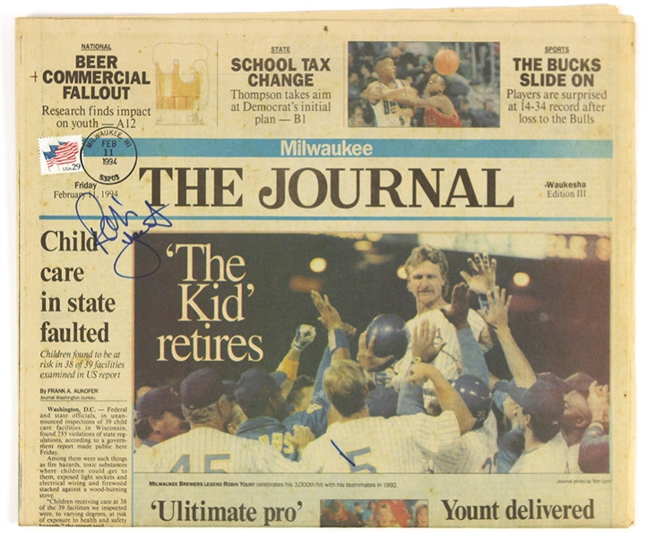 1994 Robin Yount Milwaukee Brewers Signed "The Kid Retires" Milwaukee Journal (JSA)