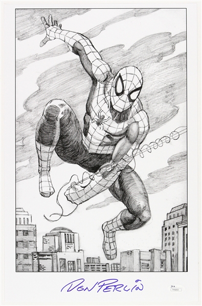 1990s Don Perlin Spiderman Pencil Sketch Signed 11x17 Print (JSA)