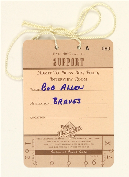 1991 Minnesota Twins vs Atlanta Braves World Series Press Pass 