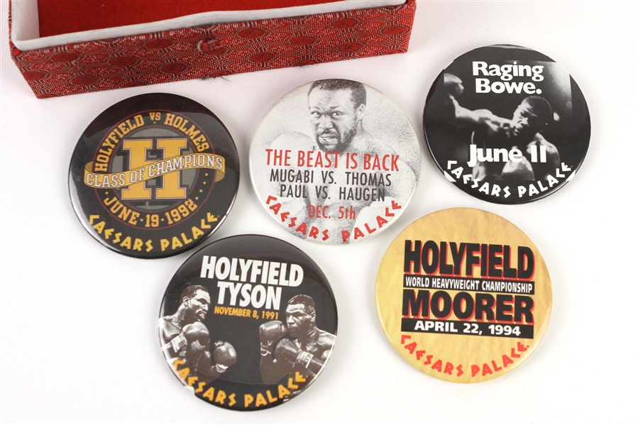 1986-94 Caesars Palace Boxing Pinback Button Collection - Lot of 5 w/ Mike Tyson, Evander Holyfield, Riddick Bowe, Larry Homes, Michael Moorer & More