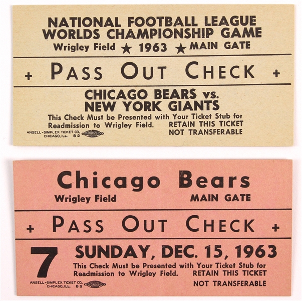 1963 Chicago Bears NFL Championship Game Pass Out Check Tickets 