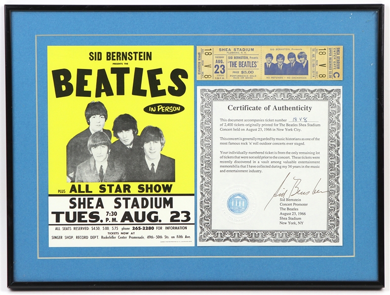 1966 Beatles Shea Stadium 12"x 16" Framed Original Onsite Ticket, Flyer, and Sid Bernstein Certificate of Authenticity
