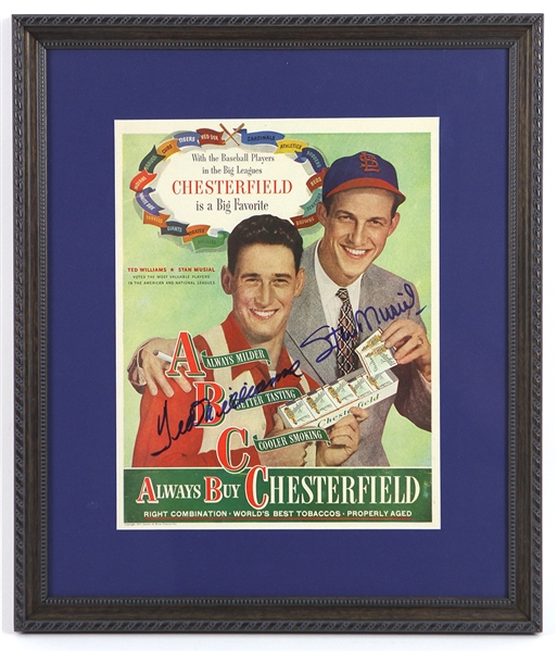 1947 Ted Williams / Stan Musial Signed 16"x 19" Framed Chesterfield Advertisement 