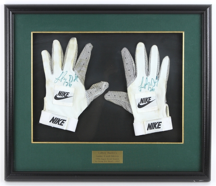1996 LeRoy Butler Green Bay Packers Signed 17"x 20" Framed Game Used Gloves (JSA)