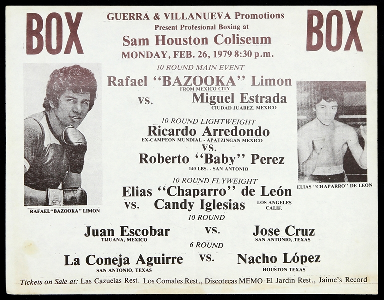 1979 Rafael "Bazooka" Limon vs Miguel Estrada Guerra & Villanueva 8"x 10" Boxing Promotion