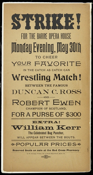1880s Duncan C. Ross & Robert Ewen 6"x 12" Barre Vermont Wrestling Poster