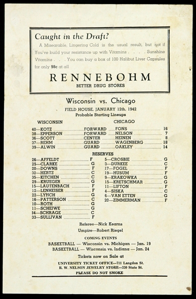 1942 Rennebohm Drug Stores Wisconsin vs Chicago Starting Line-Ups Handbill 