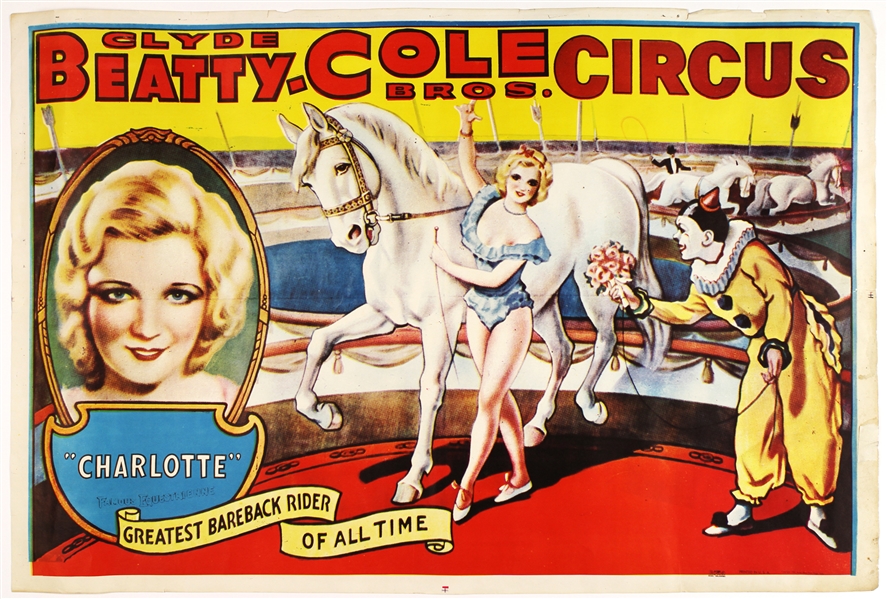 1965 Clyde Beatty - Cole Bros. Circus Charlotte "Greatest Bareback Rider of All Time" 28" x 42" Poster