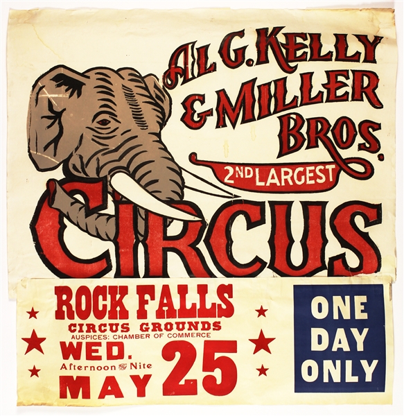 1950s circa Al G. Kelly & Miller Bros. 2nd Largest Circus Rock Falls Circus Grounds 28" x 29" Poster
