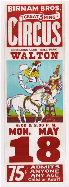 1960s circa Birnam Brothers Great 3 Ring Circus 14" x 42" Poster