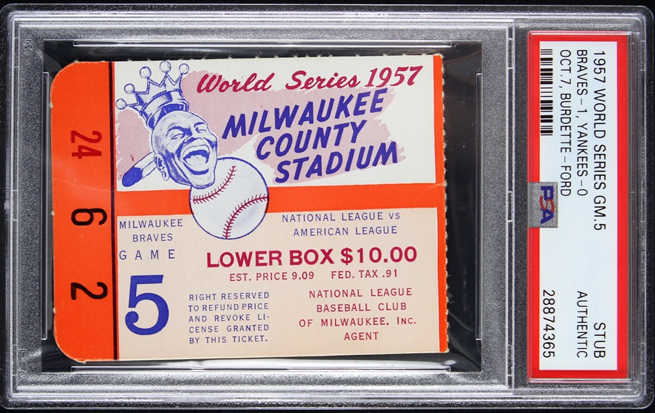 1957 Milwaukee Braves vs. New York Yankees World Series Game 5 Ticket Stub (PDA/DNA Slabbed)