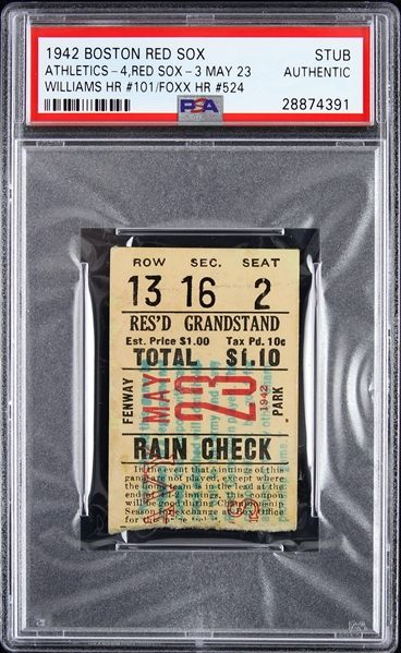 1942 (May 23rd) Ted Williams HR #101 / Jimmy Foxx HR #524 Boston Red Sox Athletics Ticket Stub (PSA/DNA Slabbed)