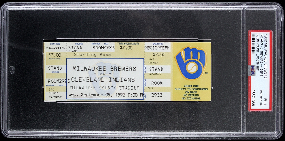 1992 Milwaukee Brewers vs Cleveland Indians w/ Robin Younts 3,000th Hit Full Ticket (PSA/DNA Slabbed)