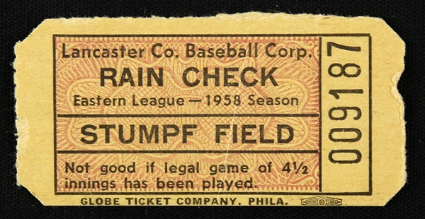 1958 Stumpf Field Lancaster Co. Baseball Corp Ticket Stub 