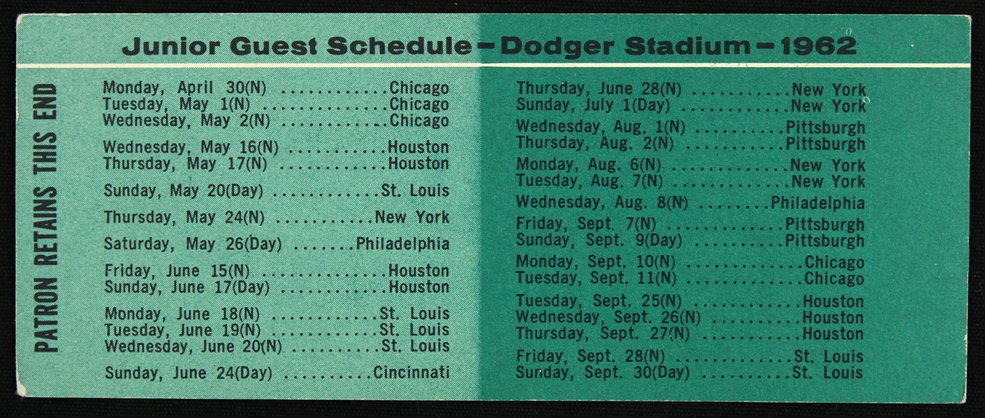 1962 Los Angeles Dodgers Stadium Junior Guest Ticket 
