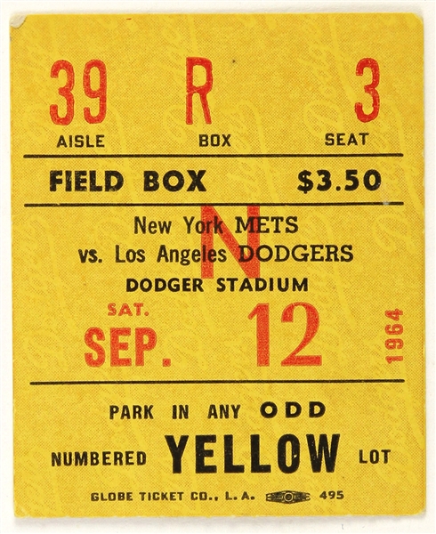 1964 New York Mets vs Los Angeles Dodgers Ticket Stub 