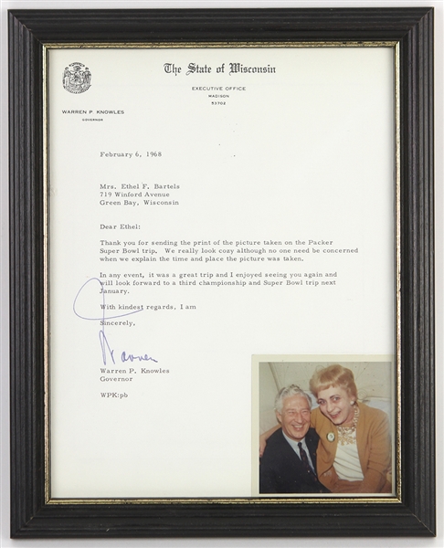 1968 Warren P. Knowles Wisconsin Governor 10" x 12" Framed Signed Super Bowl II Letter & Original Photograph (JSA)