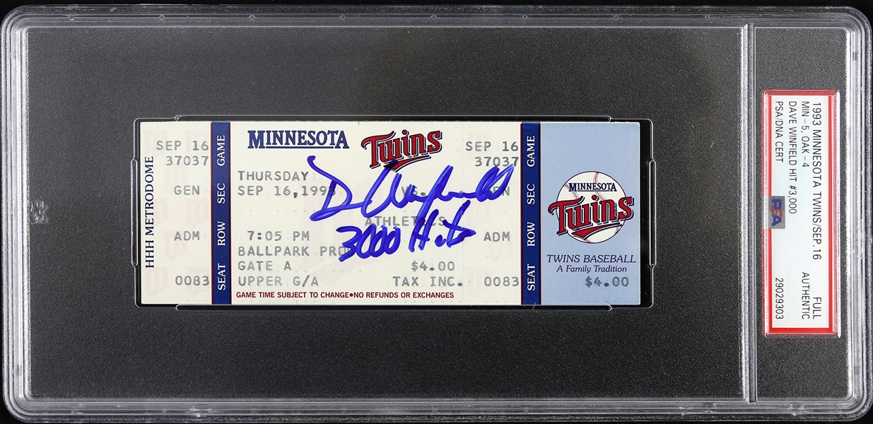 1993 Dave Winfield Minnesota Twins 3,000th Hit Signed Full Ticket (PSA/DNA Slabbed)