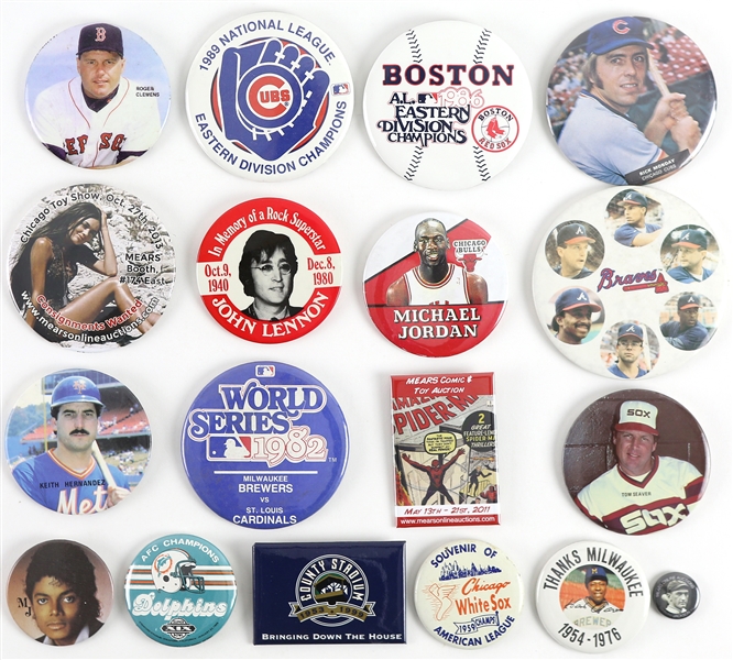 1950s-2000s Baseball, Basketball, Football Pinback Buttons (Lot of 19)