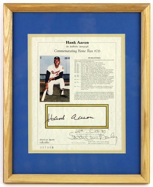 1987 Hank Aaron Milwaukee Braves Signed Home Run #715 12"x 15" Framed Commemoration (JSA)